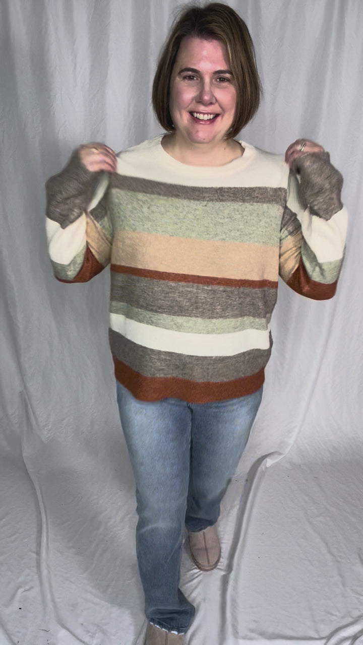 Jamie Colour Block Crew Neck Sweater- MOCHA/TAUPE