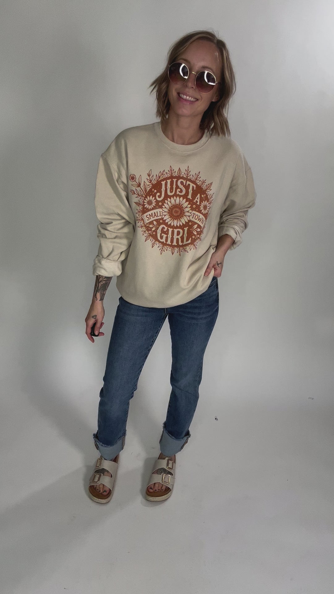 Small Town Girl Florals Crewneck- SAND