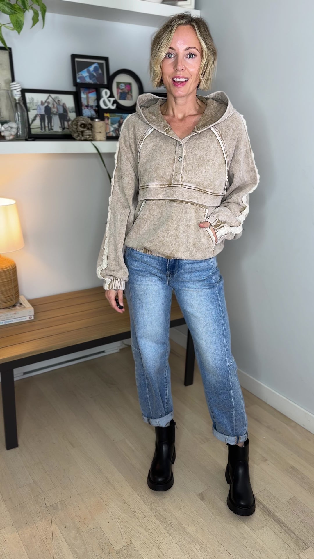 POL Nightcap Hooded Pullover- LIGHT TAUPE