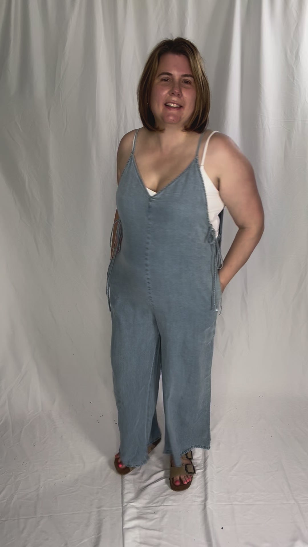Sophia V-Neckline Wide Leg Tencel Denim Jumpsuit- LIGHT DENIM-FINAL SALE