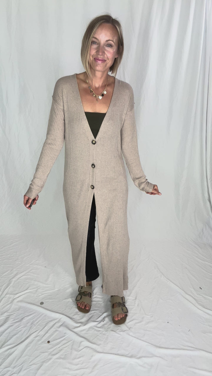 Railey Long Line Button Front Cardigan- BEIGE