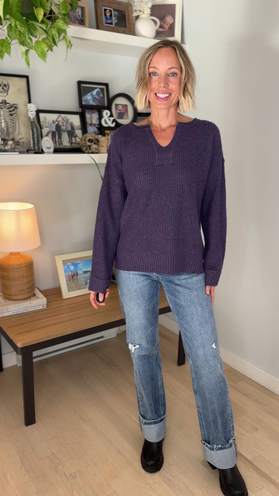 Ria Slit Neck Sweater- EGGPLANT
