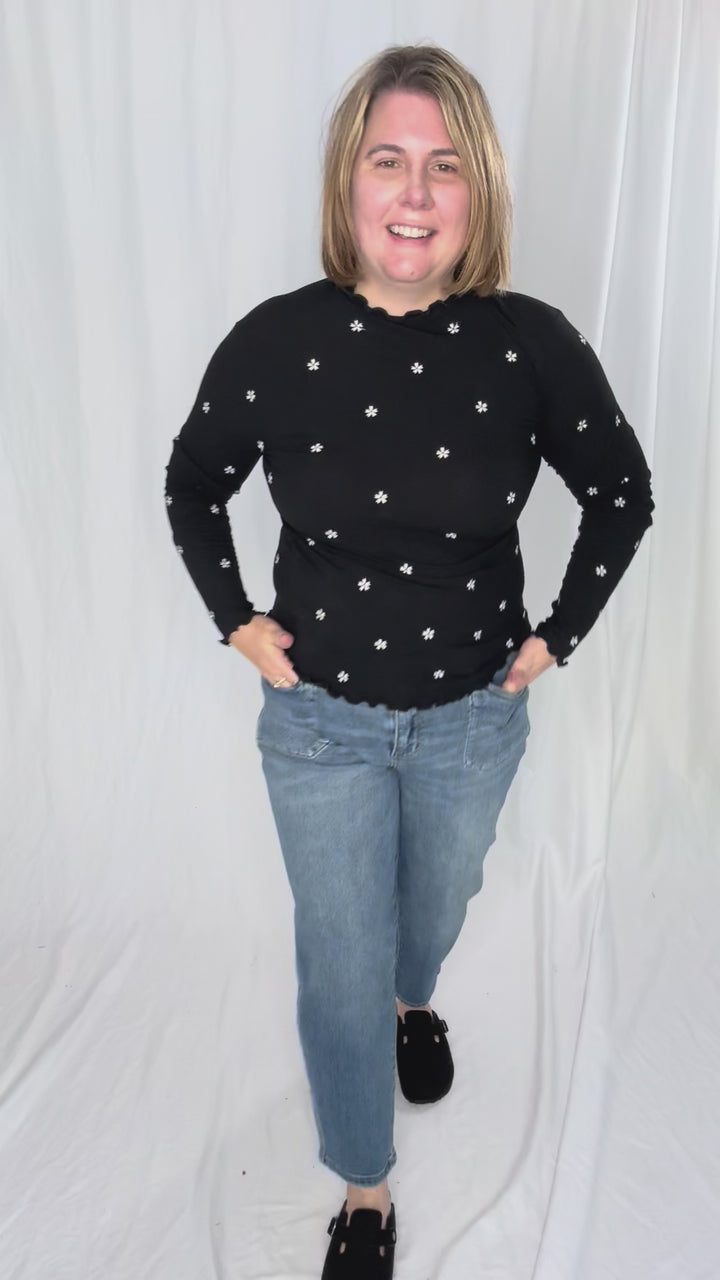 Stella Flower Embroided Mock Neck Rib Top- BLACK