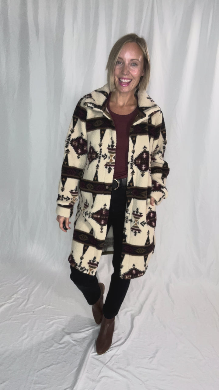 Ainsley Longline Sherpa Jacket- SEPIA GEOMETRIC