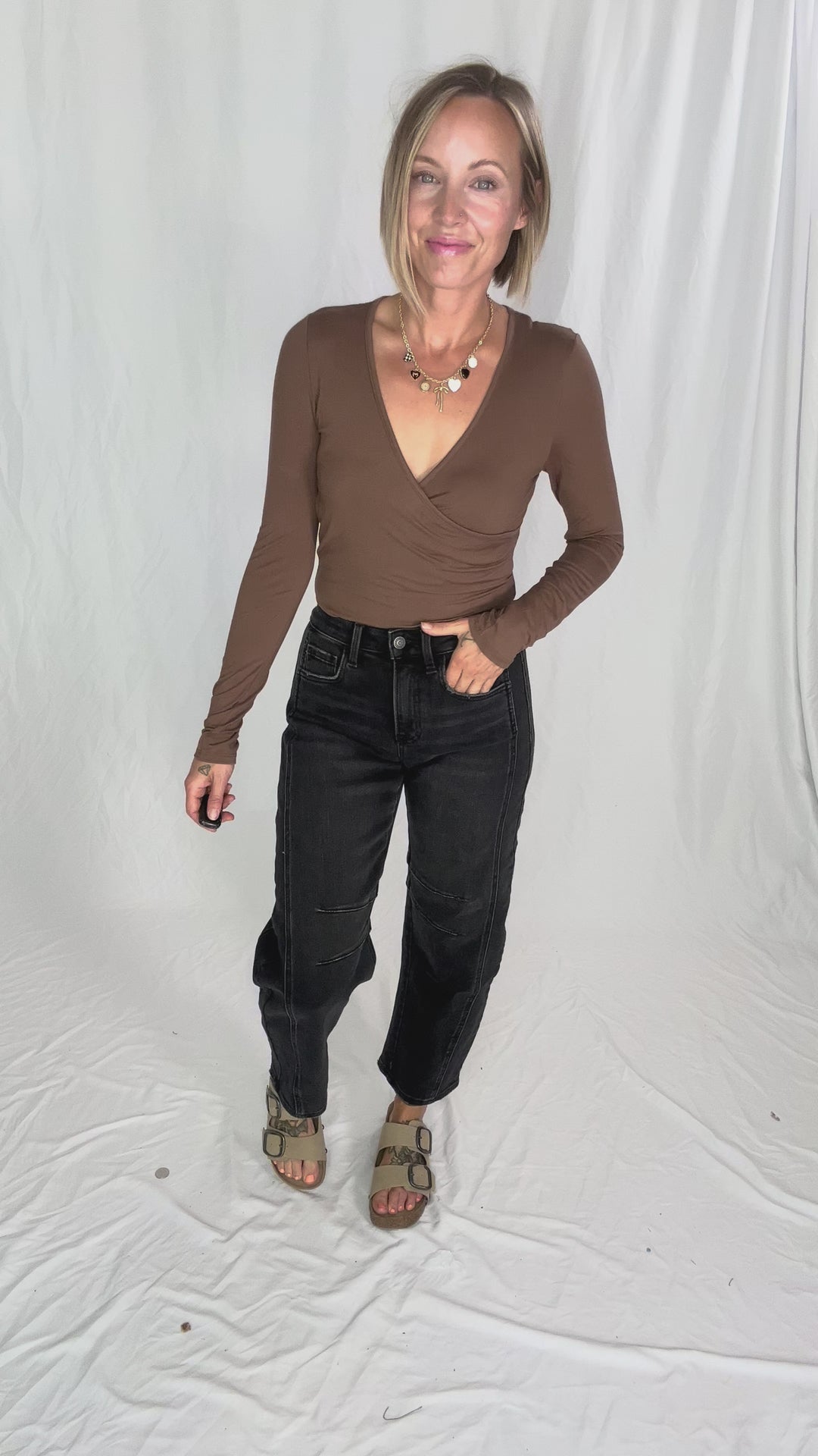 Nicole Surplice Long Sleeve Bodysuit- CHESTNUT
