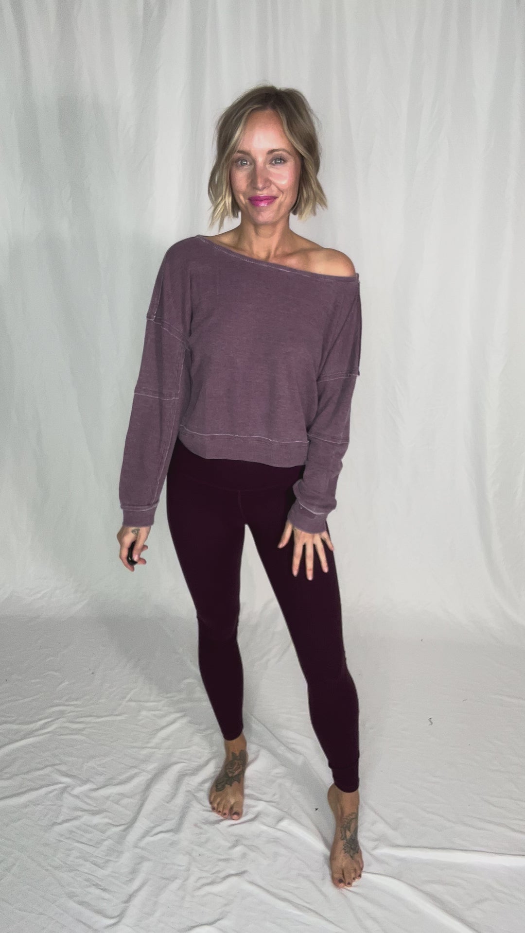 MONO B Aris Waffle Boat Neck Pullover- WASHED PLUM