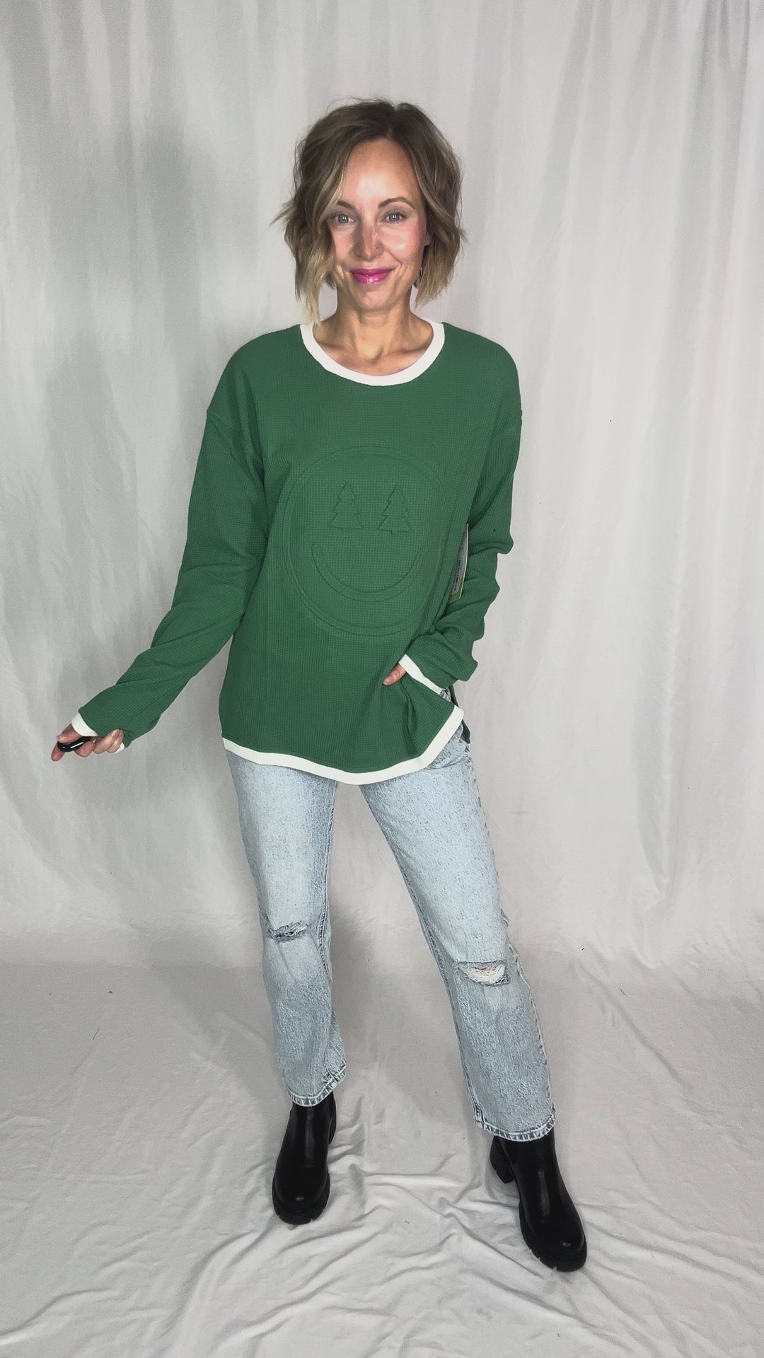 Christmas Smiley Waffle Pullover-FINAL SALE