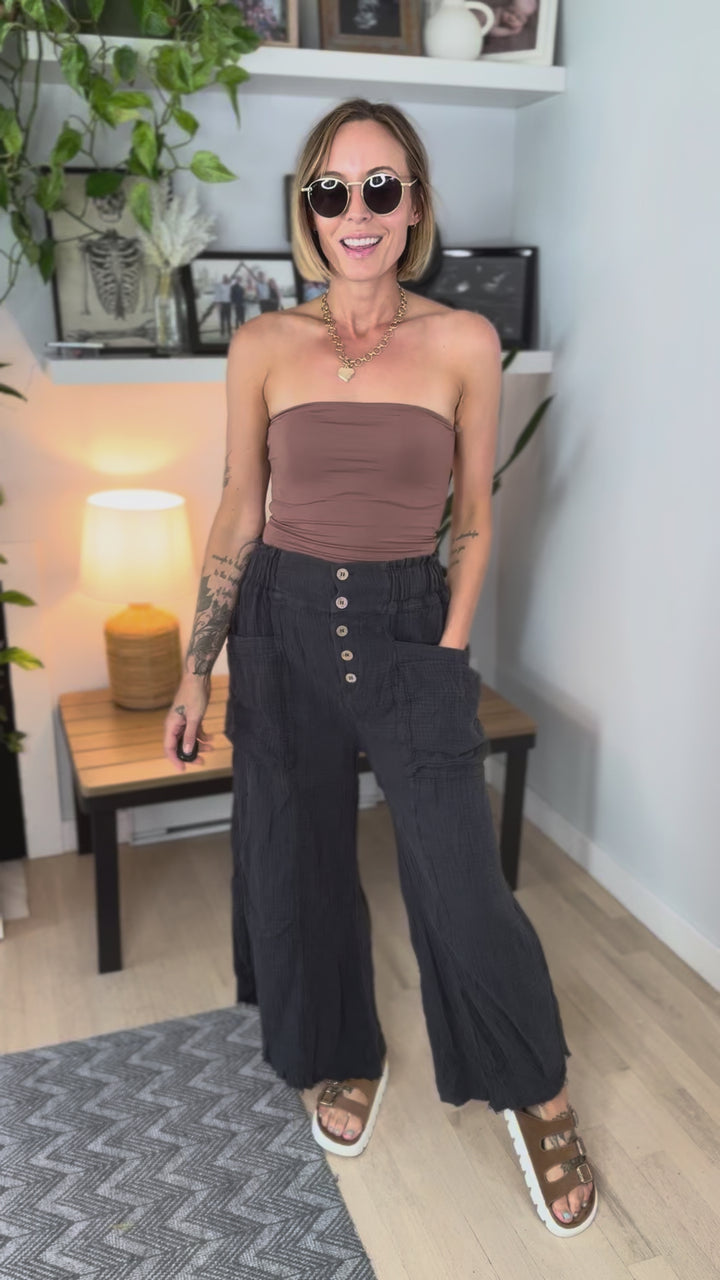 Tulum Washed Frayed Linen Blend Pant- CHARCOAL