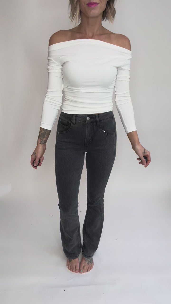 Mica Ria High Rise Bootcut Side Panel Tummy Tuck Jeans- MATTE BLACK