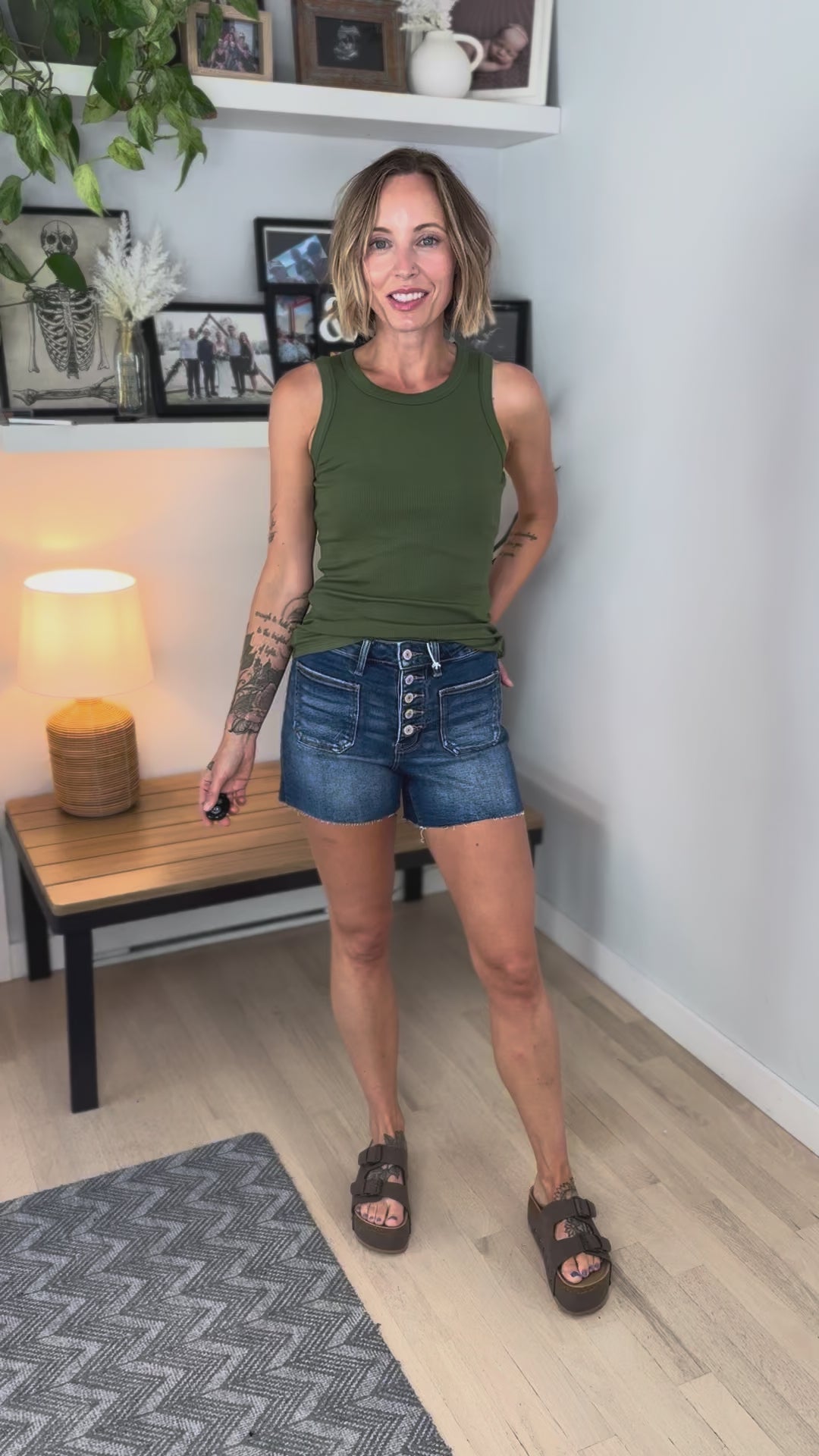 Larkspur High Rise Patched Pocket Button Fly Shorts- MANIFEST
