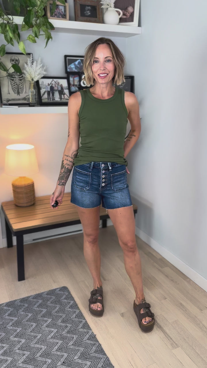 Larkspur High Rise Patched Pocket Button Fly Shorts- MANIFEST