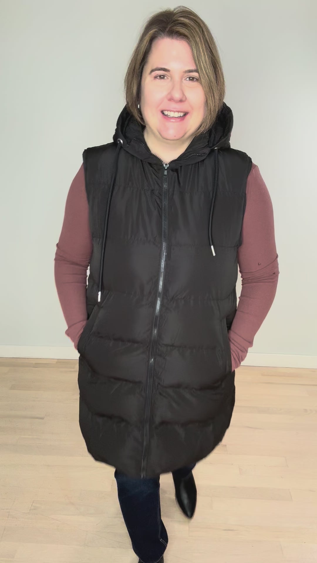 Maria  Hooded Zipper Longline Puffer Vest- BLACK