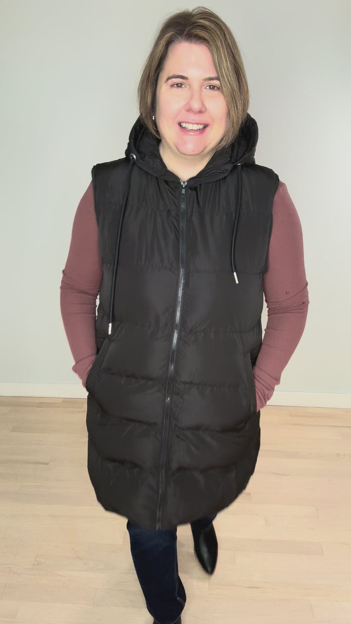 Maria  Hooded Zipper Longline Puffer Vest- BLACK
