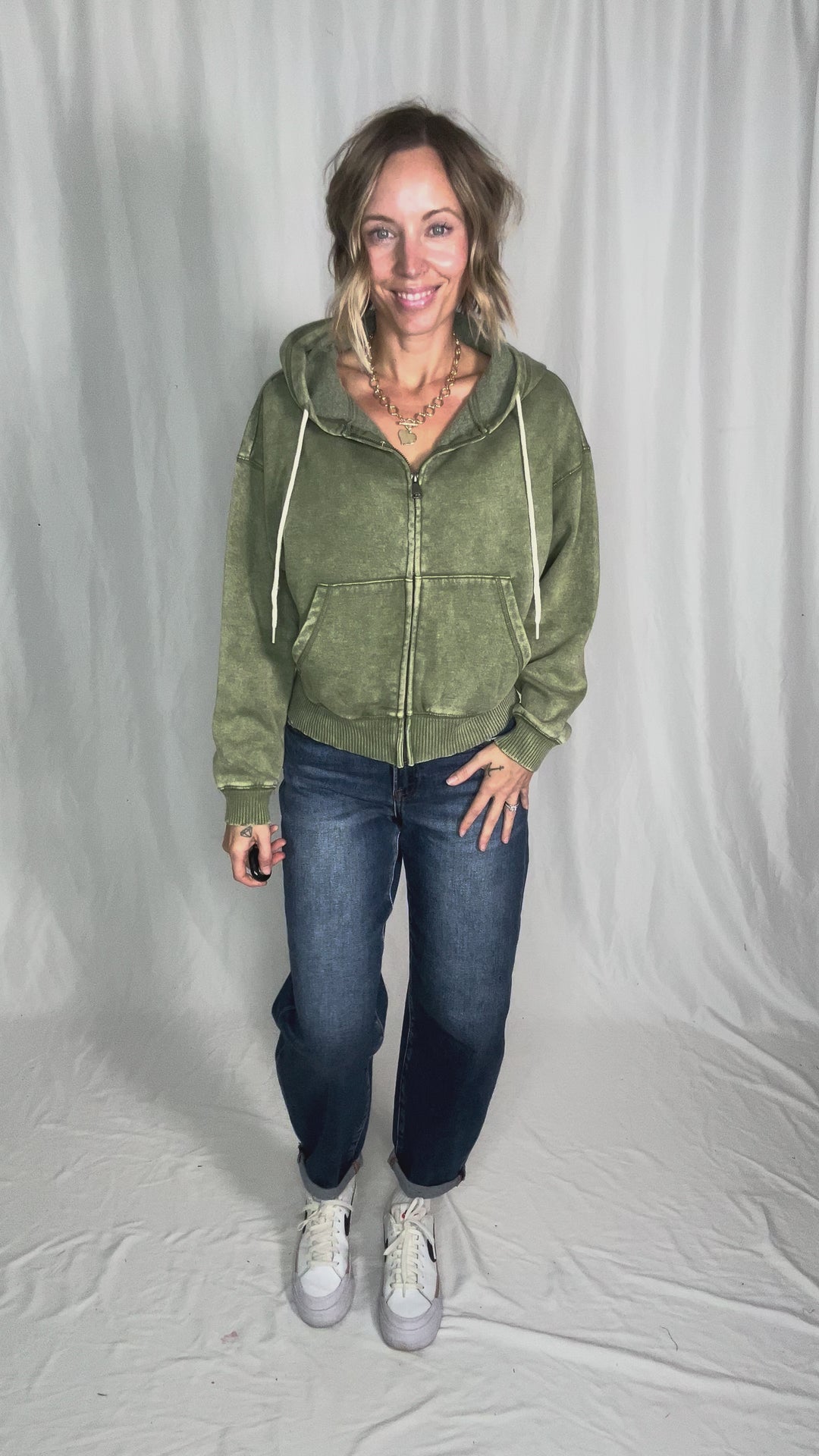 Muse Acid Wash Fleece Zip Up Hoodie- LIGHT OLIVE