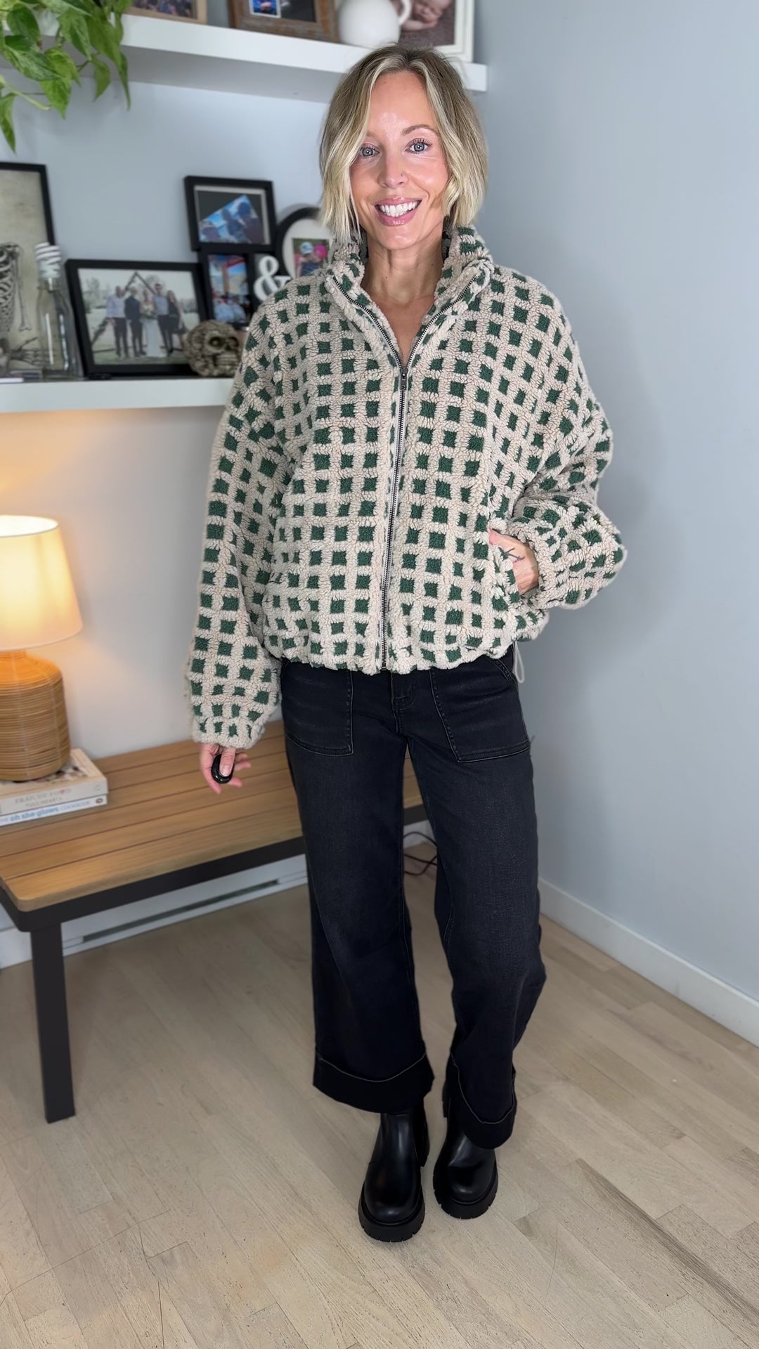 Hannah Checkered Fleece Jacket- TAUPE/GREEN