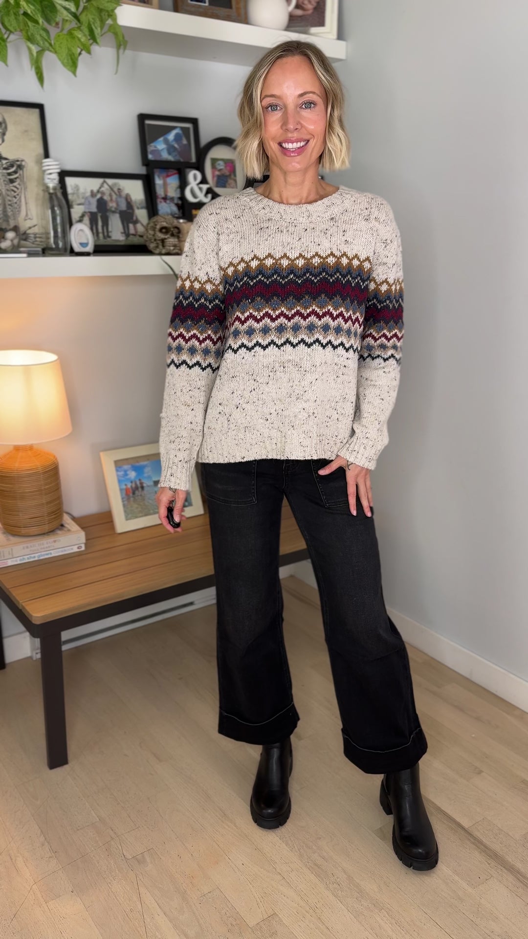Della Chunky Knit Fairisle Sweater- DENIM MIX