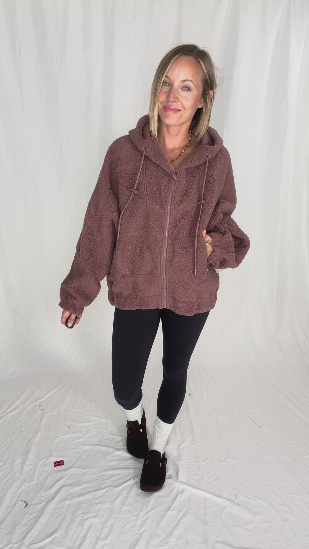 MONO B Oversized Alpine Fleece Zip Up Hoodie- ROSE TAUPE