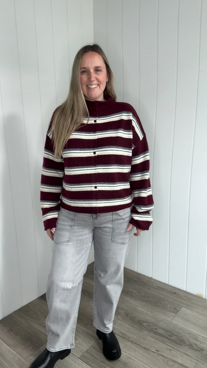 Cove Mockneck Stripe Button Down Sweater- OXBLOOD MULTI