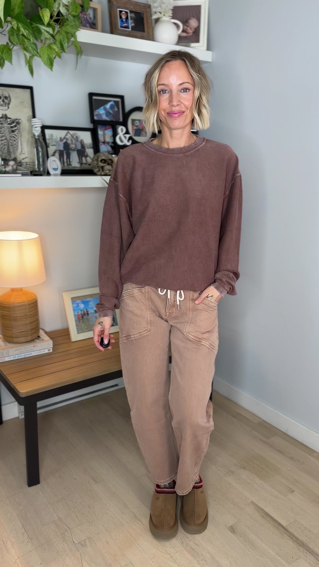 Aven Essential Corded Crew Neck Top- CAPPUCCINO