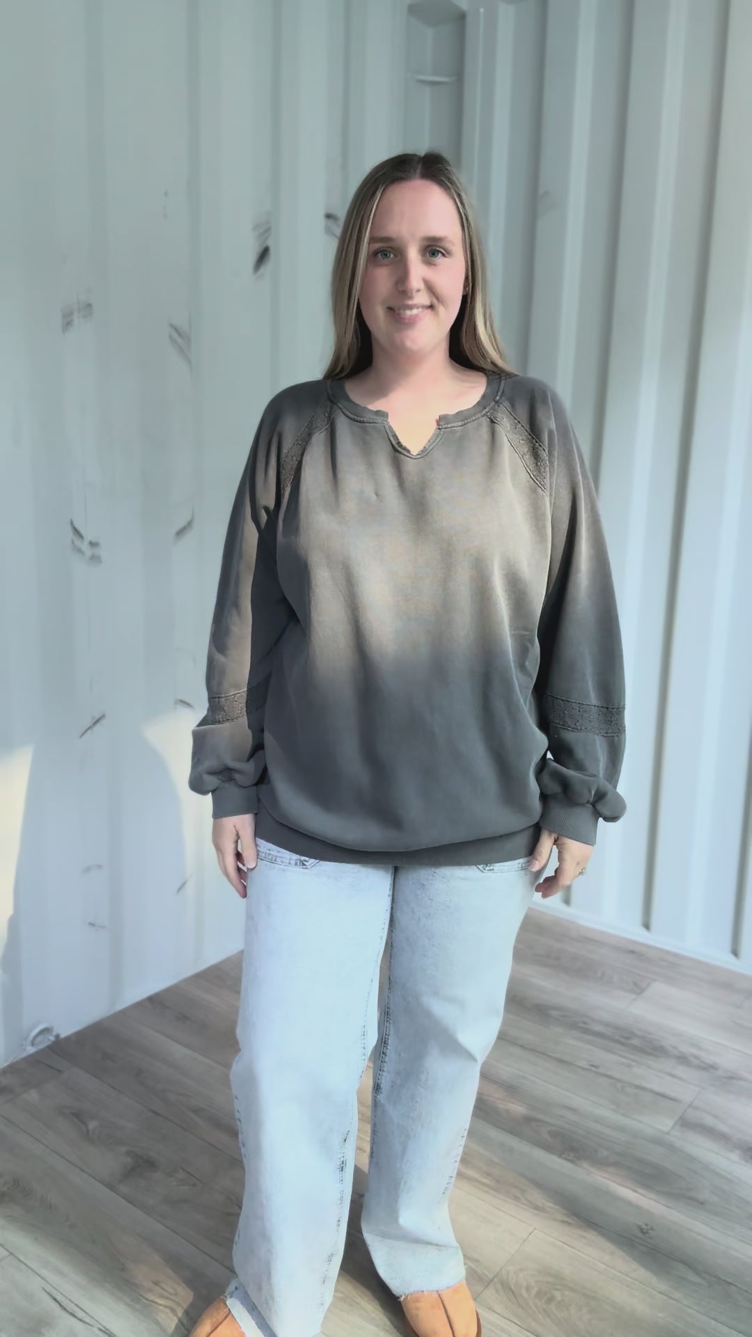 Irini Lace Accent Vintage Washed Pullover- BLACK