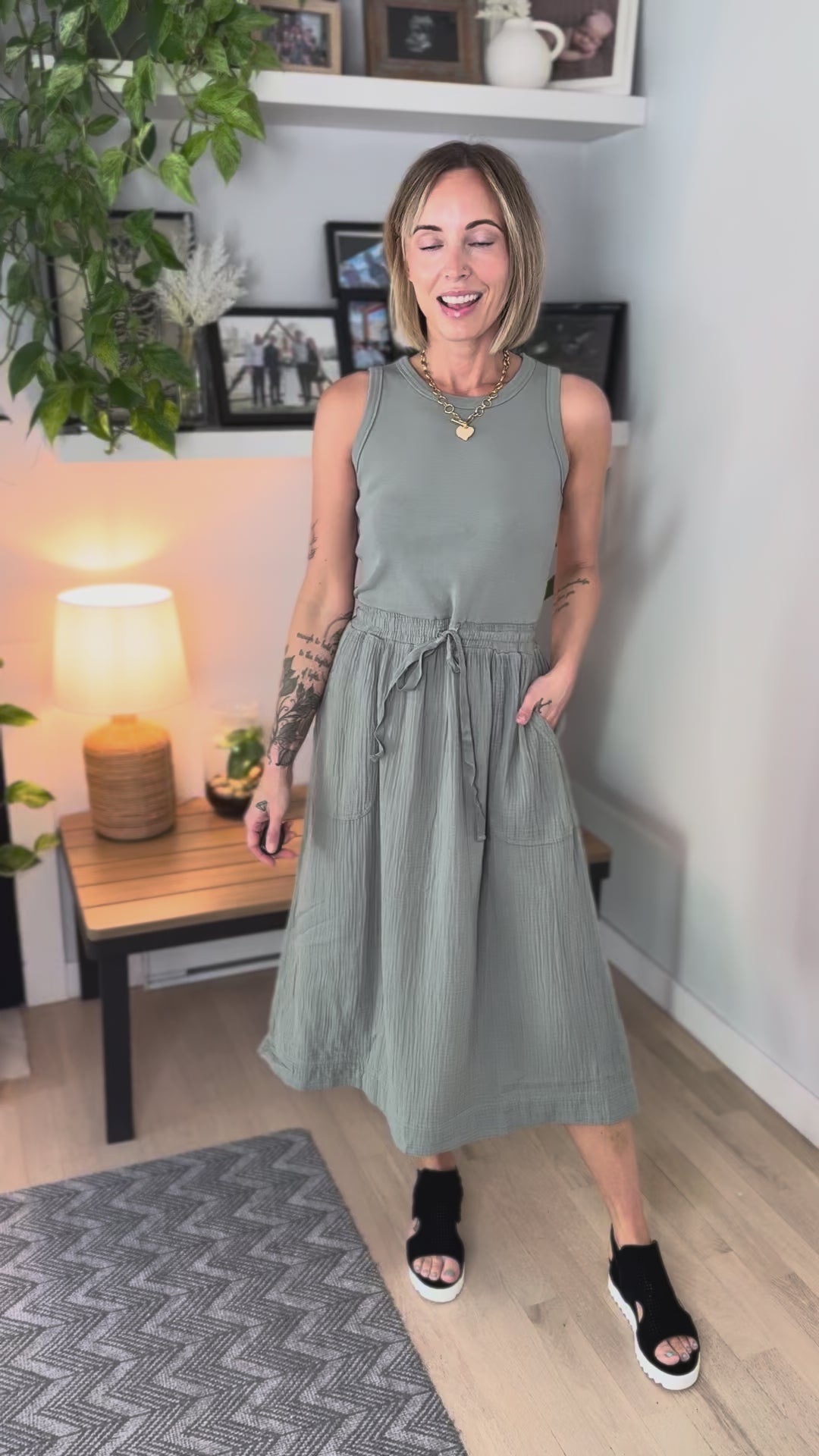 Ocean Bloom Cotton Tank Dress- SAGE