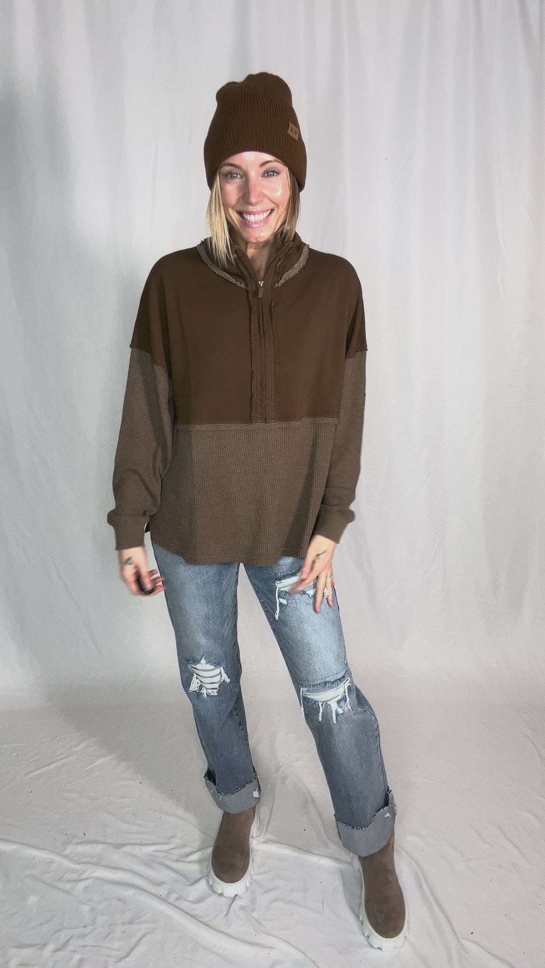 Arwen Waffle 1/4 Zip Pullover- ESPRESSO