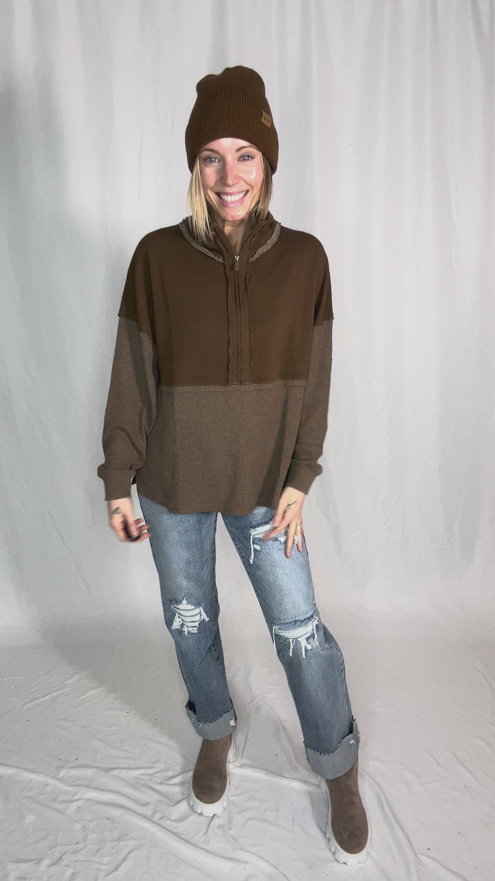 Arwen Waffle 1/4 Zip Pullover- ESPRESSO