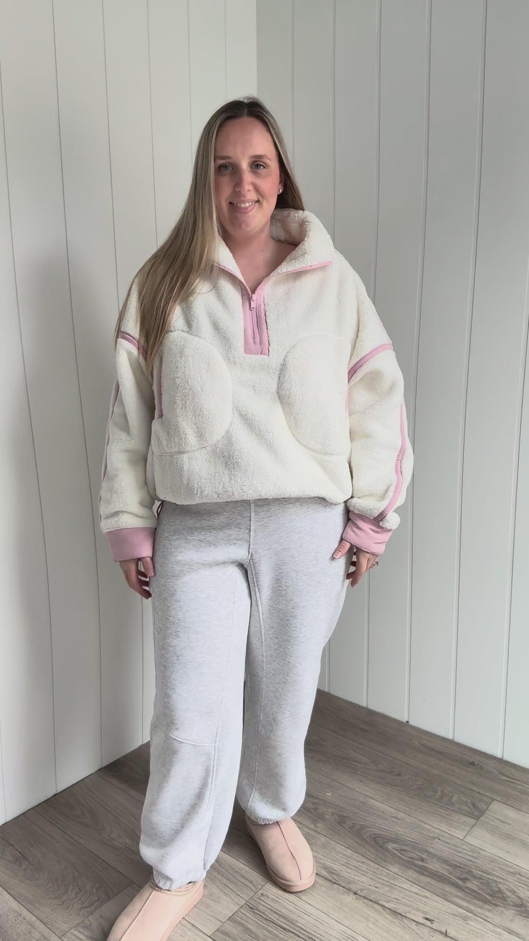 Salem Sherpa Mock Neck Quarter Zip Jacket- IVORY/DUSTY PINK