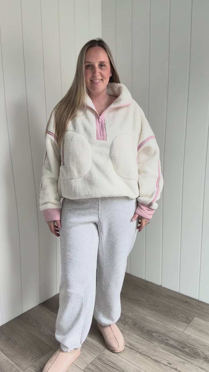 Salem Sherpa Mock Neck Quarter Zip Jacket- IVORY/DUSTY PINK