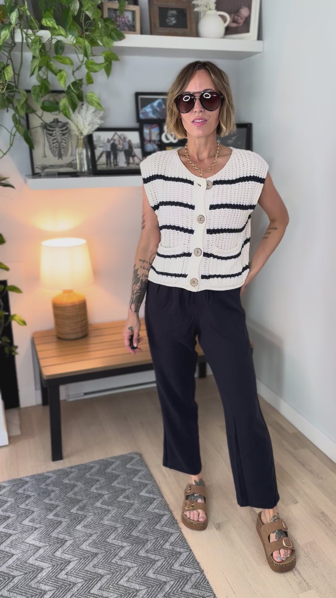 Beachwood Stripe Button Down Sweater Top- IVORY/NAVY