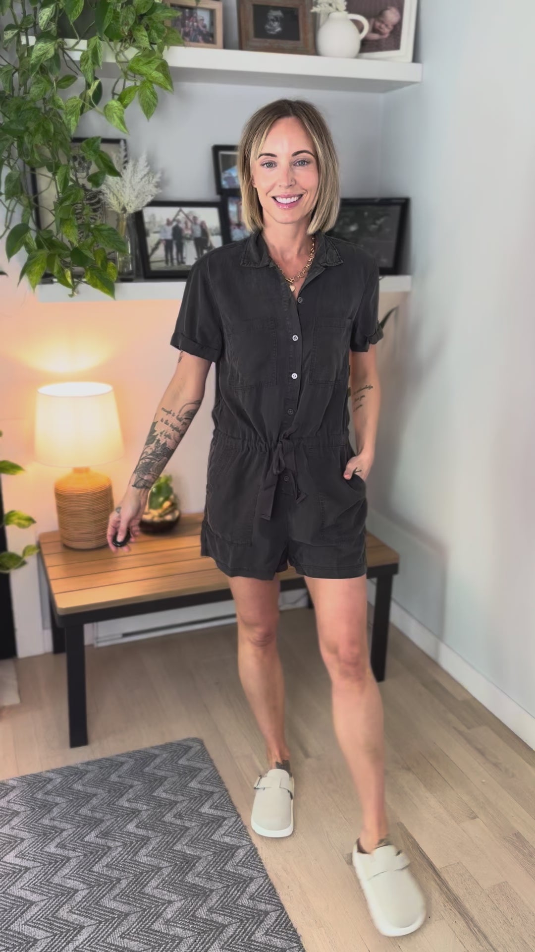 Tide Flower Tencel Romper- CHARCOAL