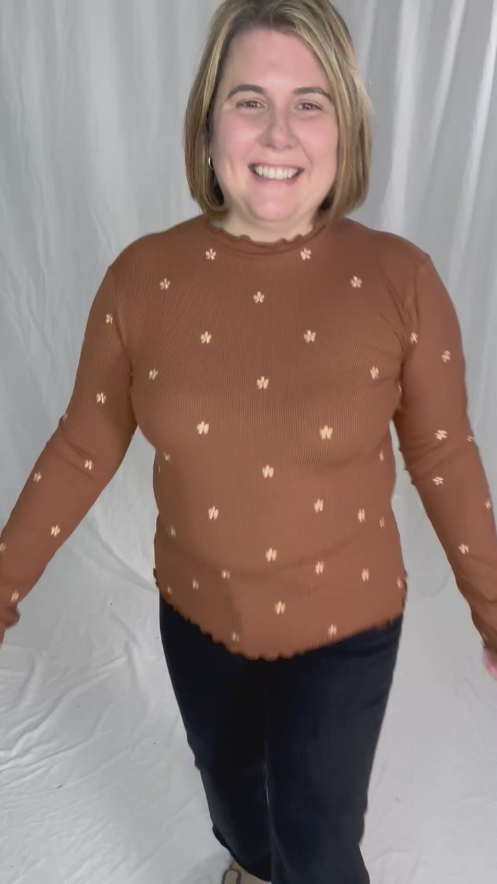 Stella Flower Embroided Mock Neck Rib Top- CARAMEL