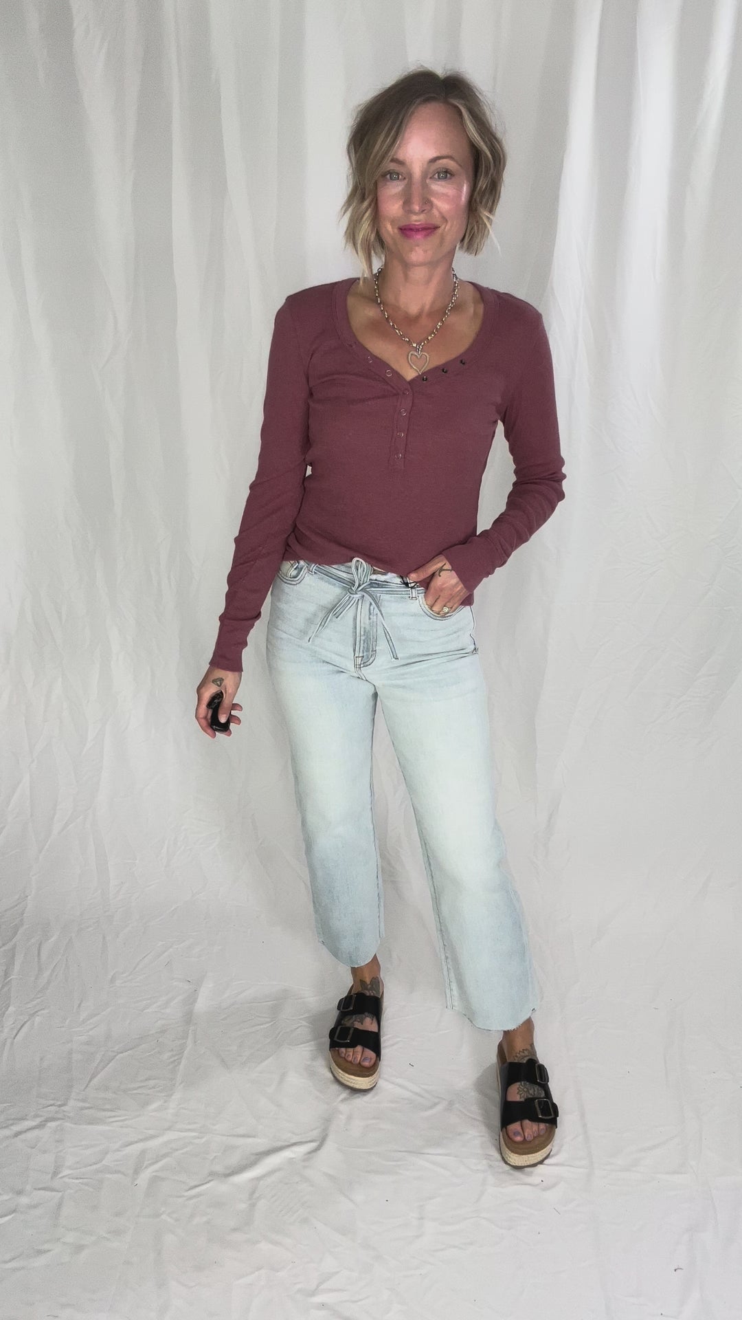 Chella Classic Ribbed Cotton V-Neck Button Snap Henley Top- BURGUNDY-FINAL SALE