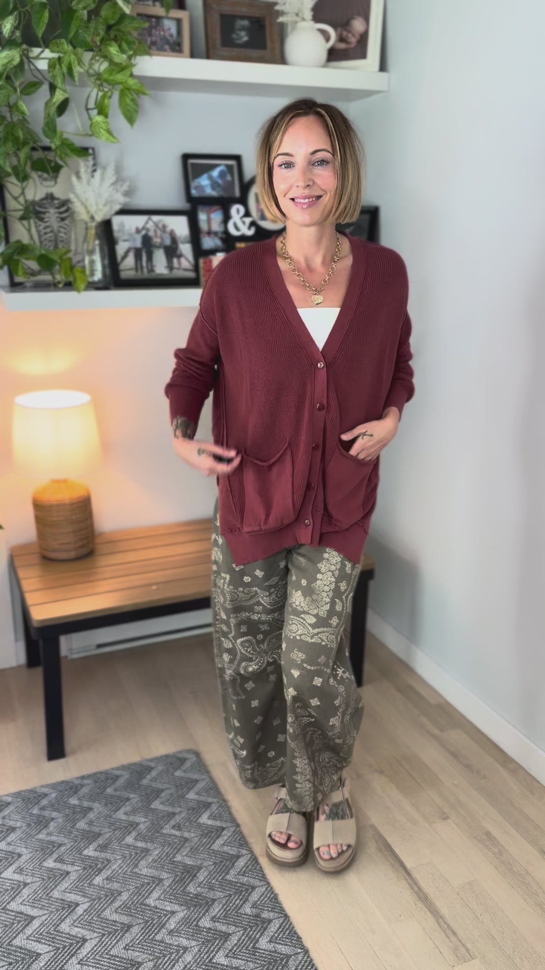 Charm Slouchy Button Cardigan-  REDWOOD