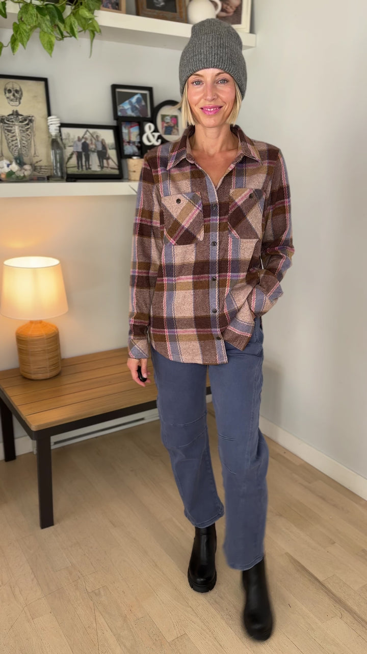 Arabella Plaid Button Up Shacket- BROWN/BLUE/PINK