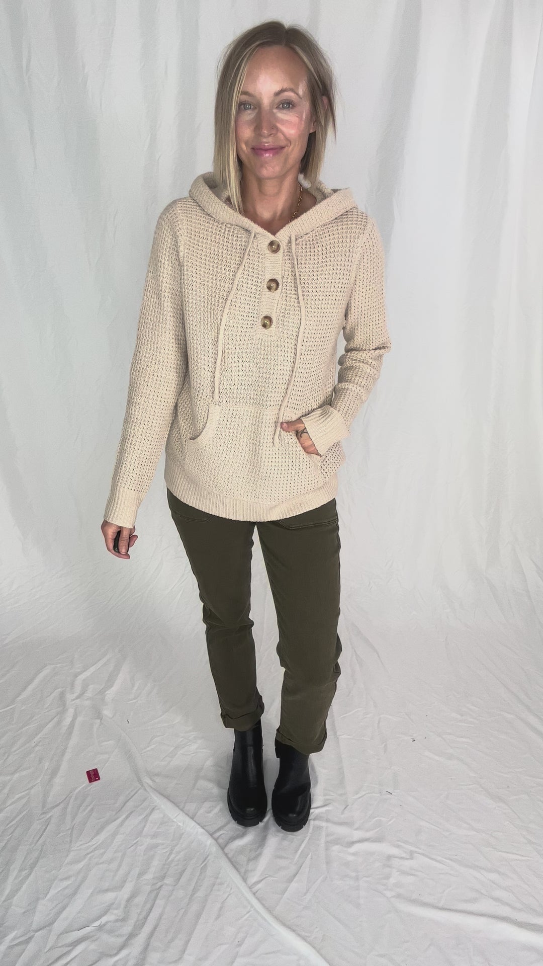 Viso Half Button Waffle Hooded Sweater- OATMEAL