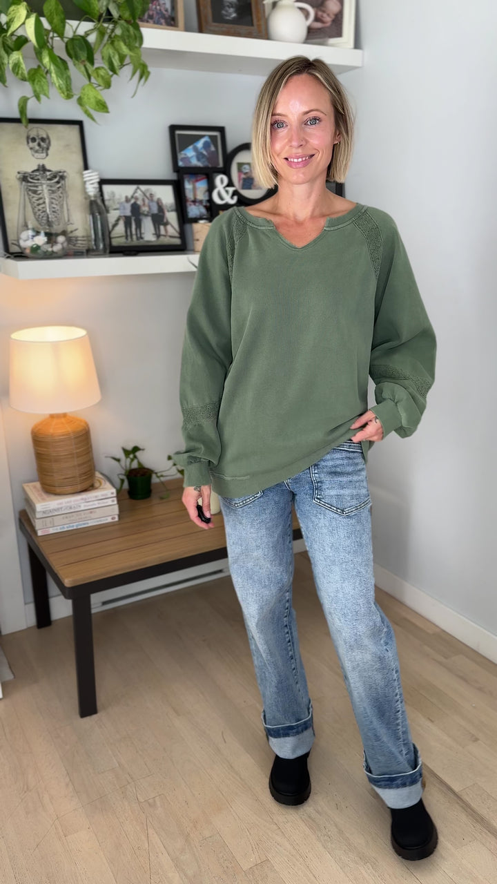 Irini Lace Accent Vintage Washed Pullover- OLIVE