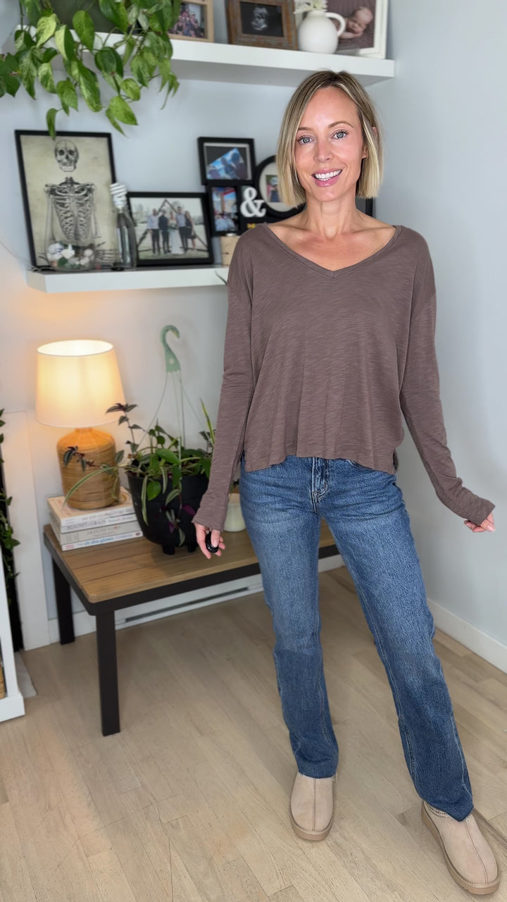 Lumiere Modal Slub V-Neck Drop Shoulder Shirt- MOCHA