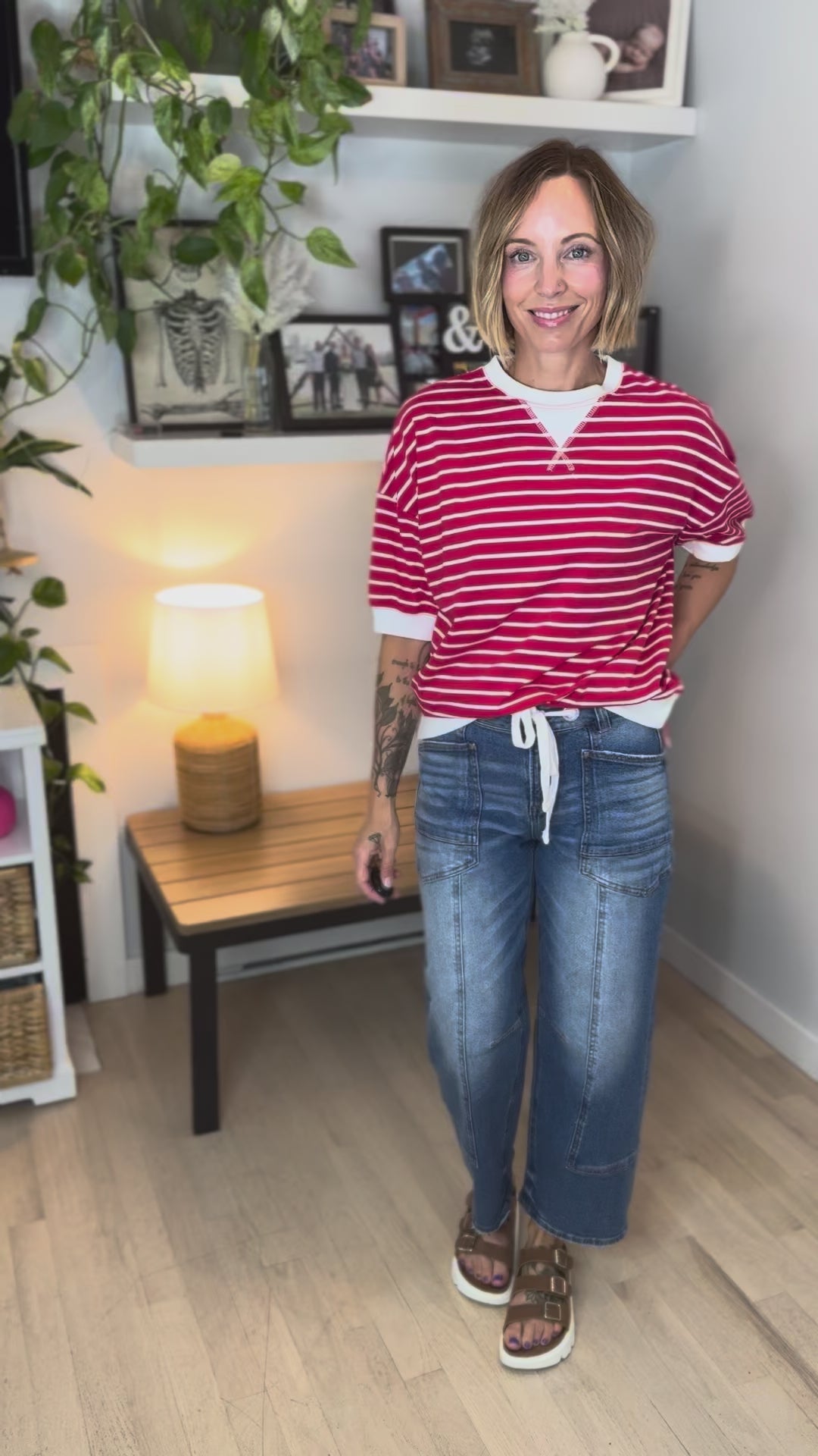 Santorini Stretch Cotton Stripe Short Sleeve- RUBY