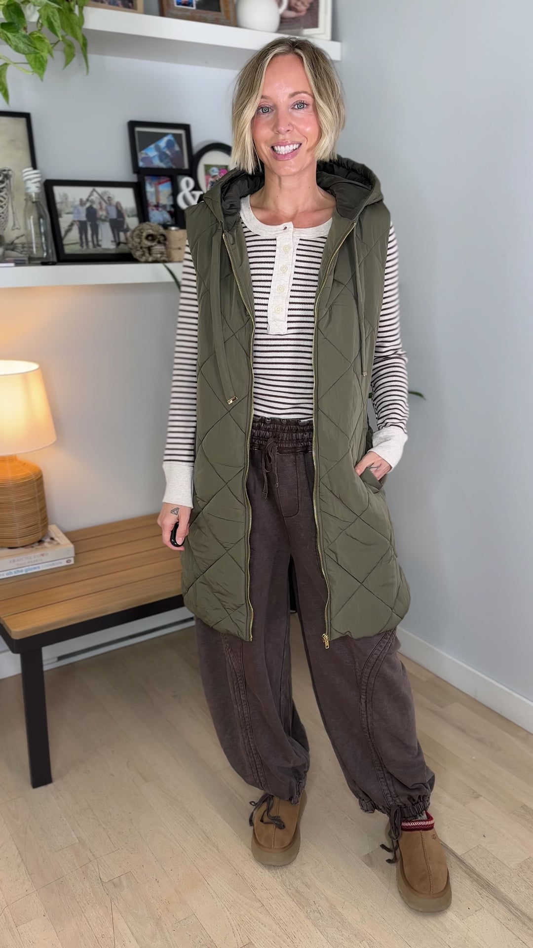 Gloria Quilted Long Puffer Hooded Vest- OLIVE