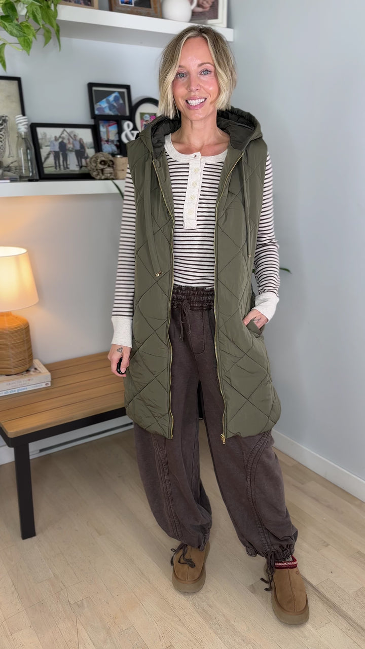 Gloria Quilted Long Puffer Hooded Vest- OLIVE