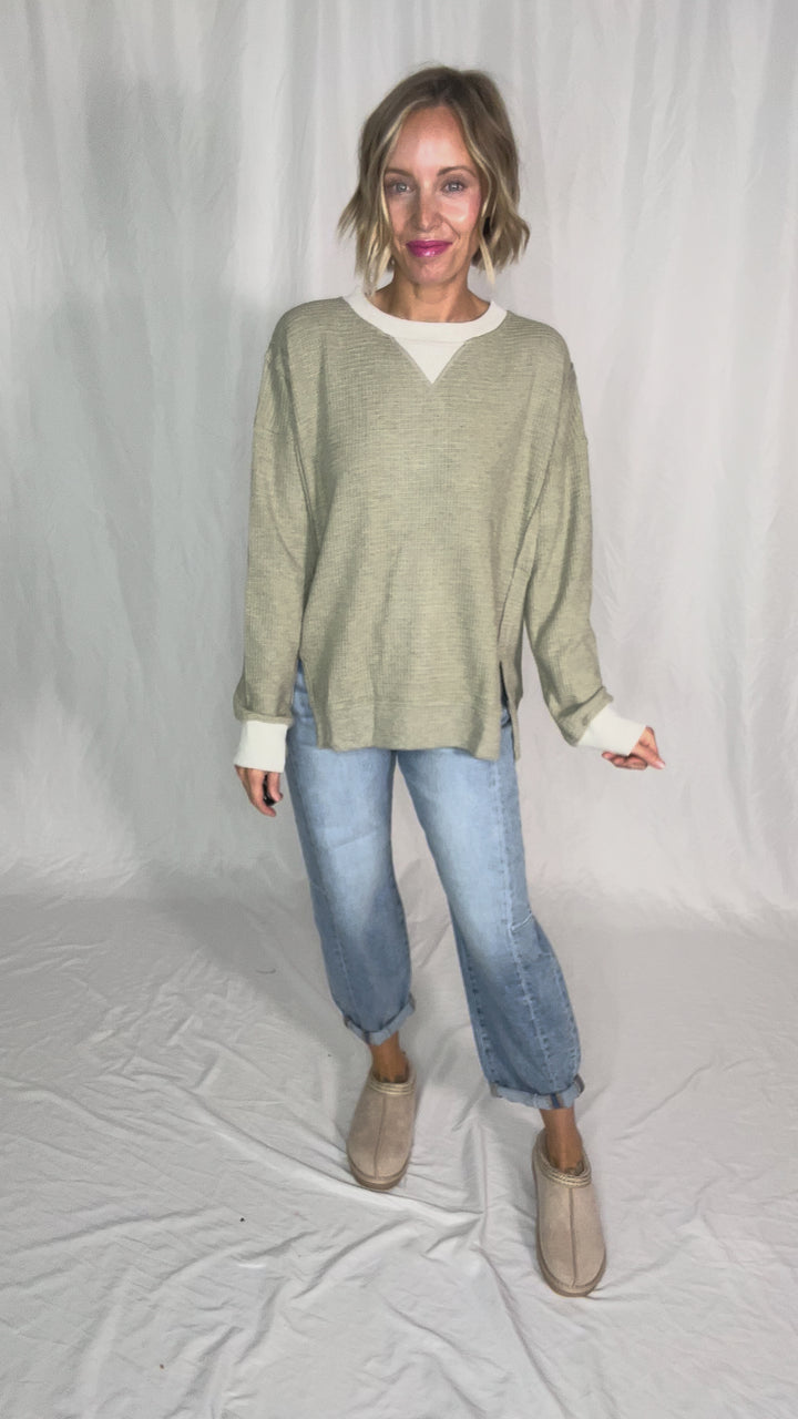 Loom Brushed Thermal Crew NeckPullover- OLIVE