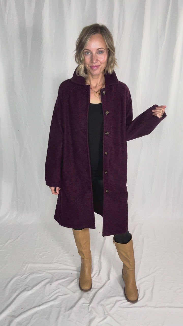 Frosty Boucle Long Button Coat- PLUM