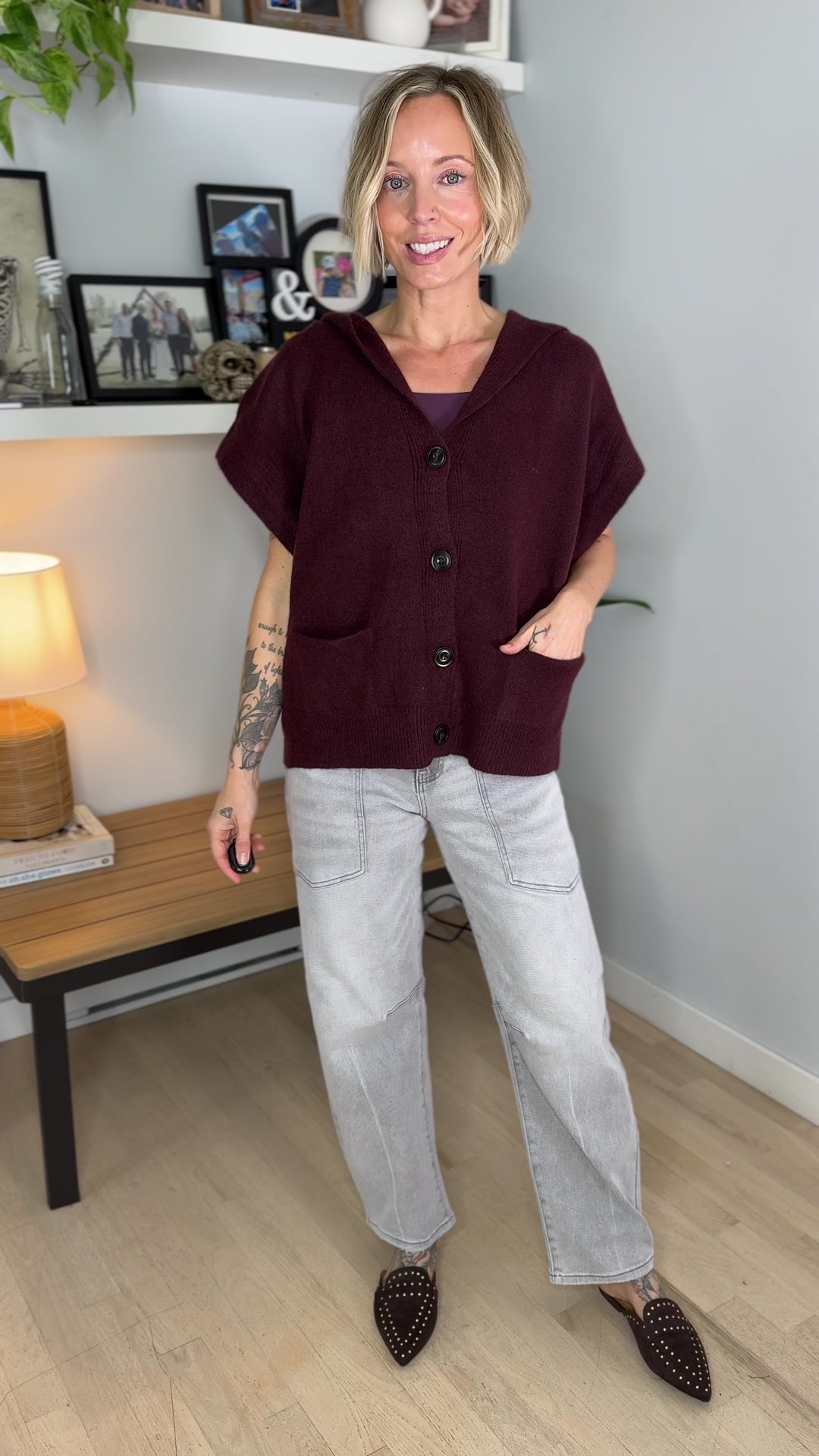 Oura Short Sleeve Button Down Hoodie Cardigan- BURGUNDY