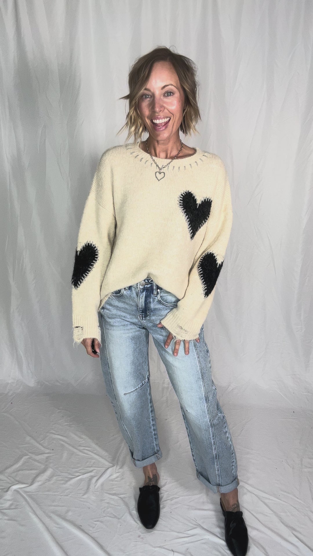 Cherish Distressed Heart Sweater- OATMEAL