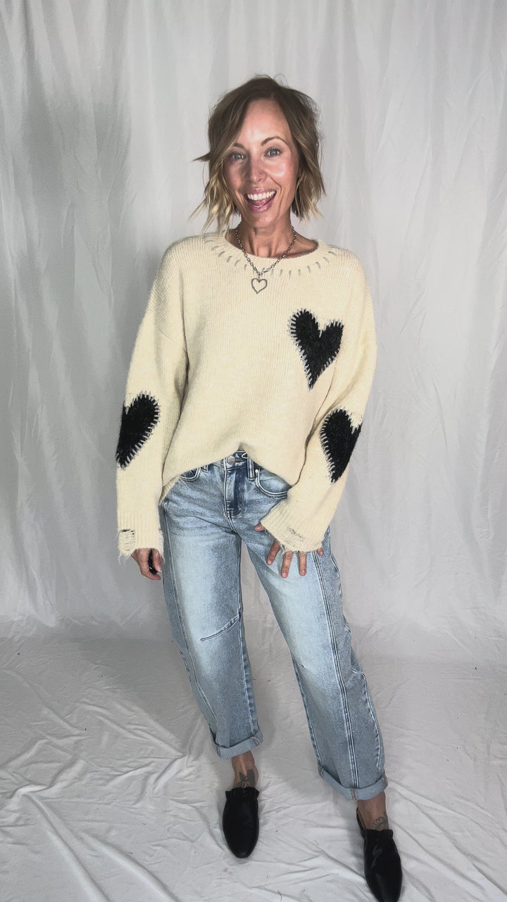 Cherish Distressed Heart Sweater- OATMEAL
