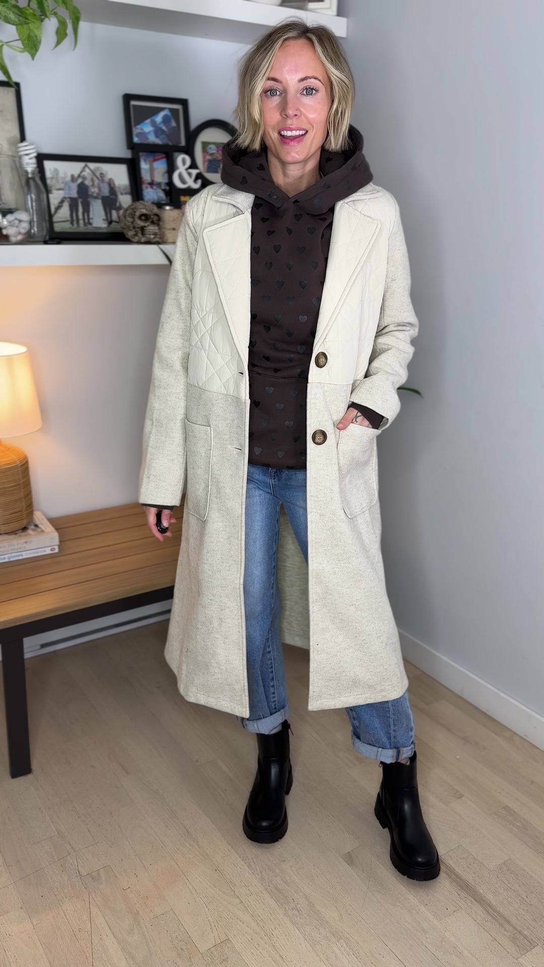 Erika Long Line Quitled Contrast Coat- ALMOND