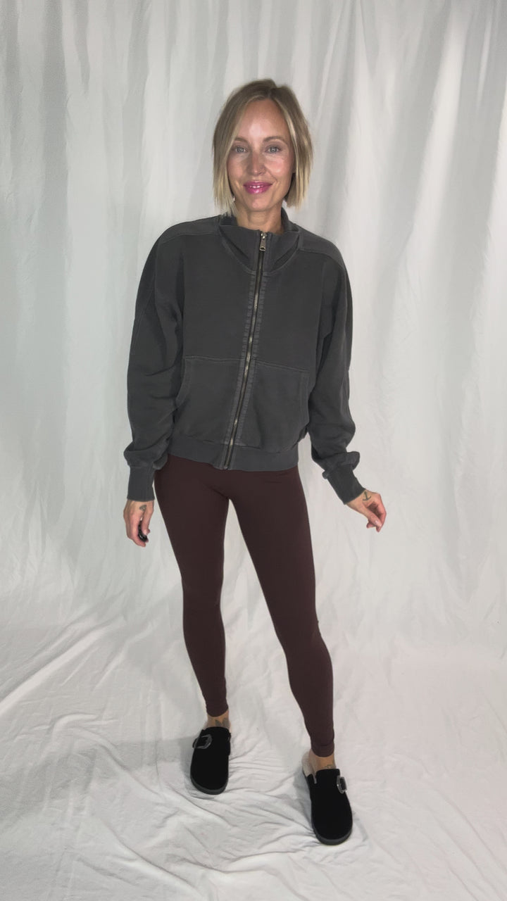 Adeline Cozy Acid Wash High Collar Full Zip- WASHED CHARCOAL