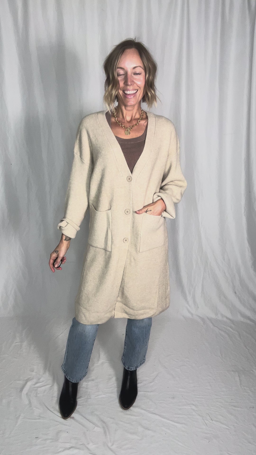 Everly Long Line Button Cardigan- BEIGE