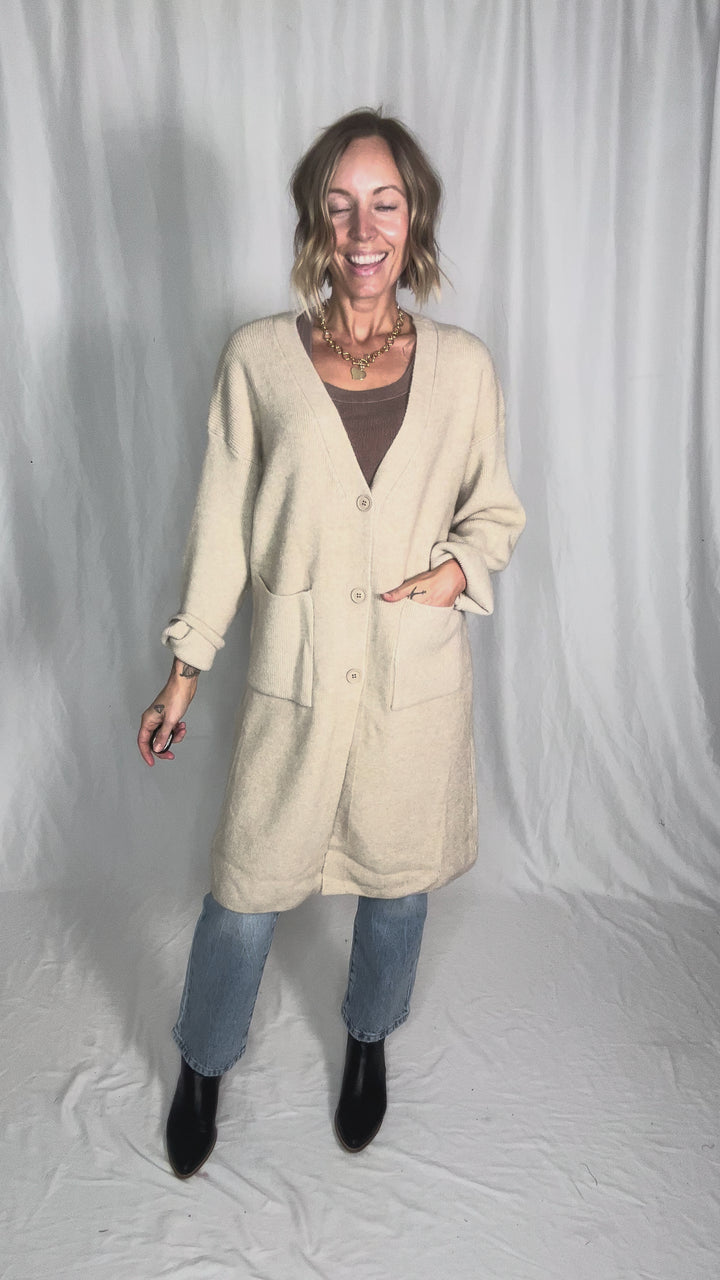 Everly Long Line Button Cardigan- BEIGE